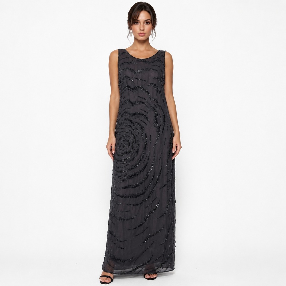 NWT Chaudry Maxi Dress Women's Silk Black Hand-Beaded Pattern Deep Back Slit